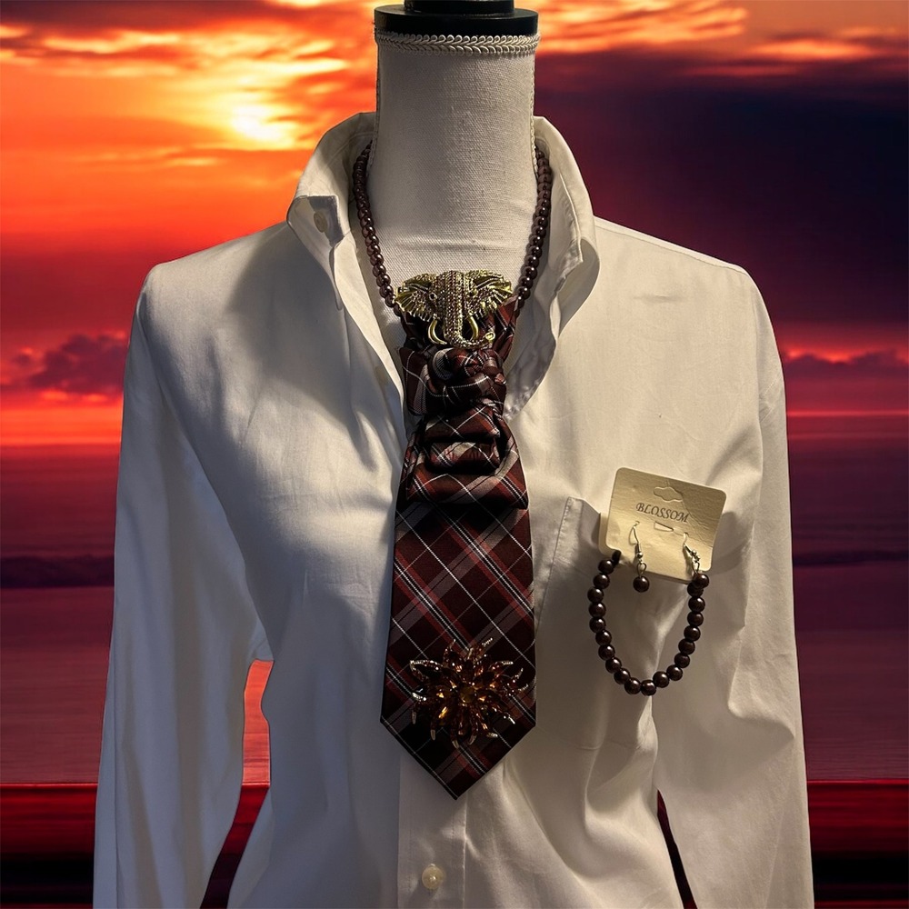 Stafford Silk Plaid Tie Necklace Set Elephant Brooch Safari Jewelry Earrings